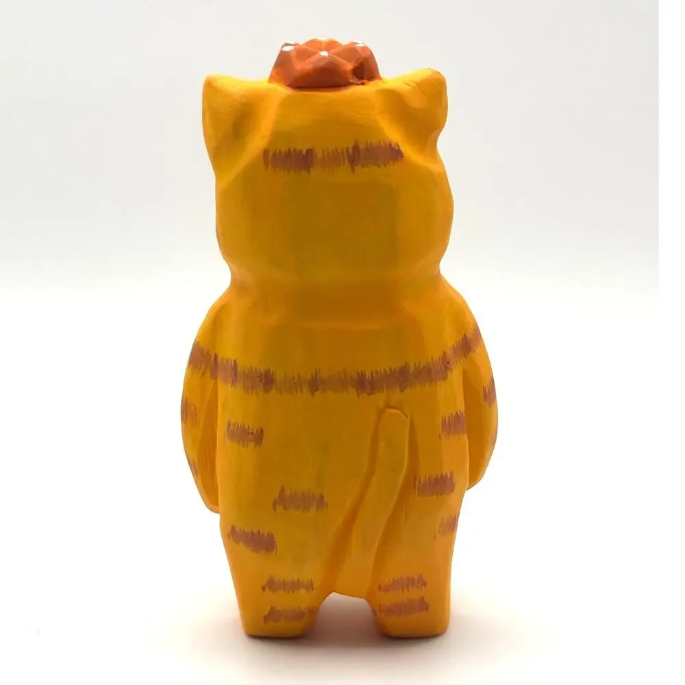 Hand Carved, Handmade Wooden Orange Tabby Cat Figurine with Crown, 4.5" Tall - Picture 2 of 4